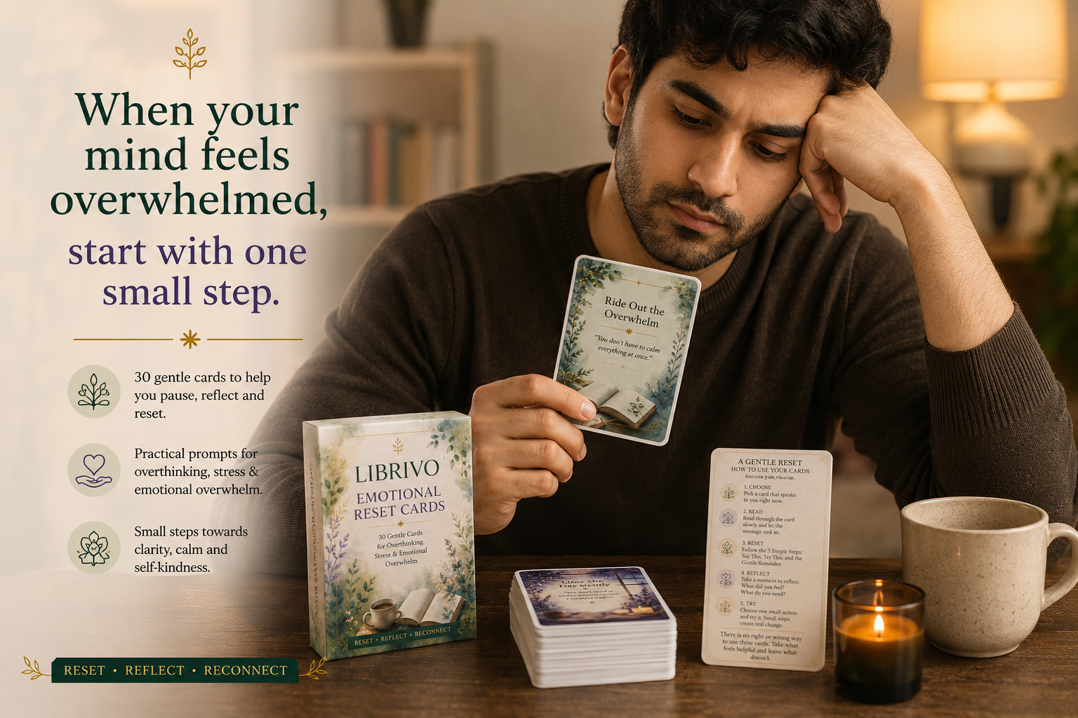 LIBRIVO Emotional Reset Cards – 30 Gentle Cards for Overthinking, Stress & Emotional Overwhelm